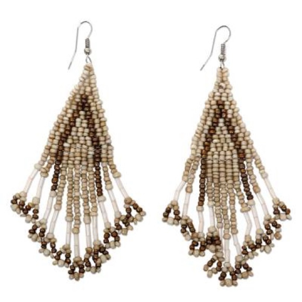 Boho beige & brown glass handmade beaded earrings
